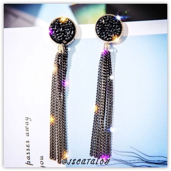 12mm Black Druzy on Gold Plated Long Tassel Earrings - Picture 5 of 5